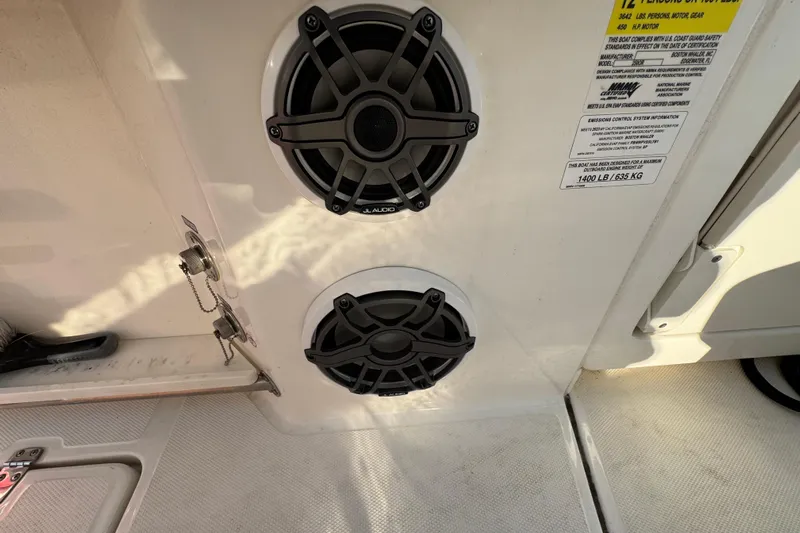  Yacht Photos Pics 2023 Boston Whaler 250 Outrage boat speakers and safety label detail.