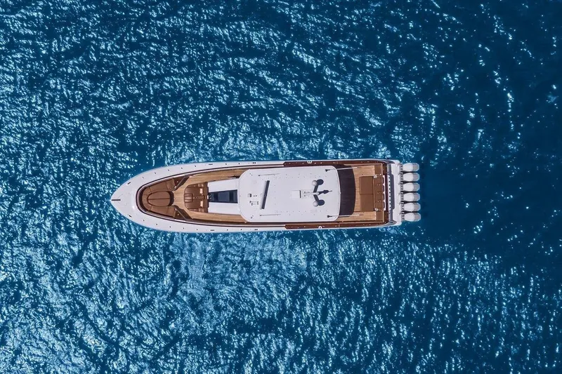 Big Momma Yacht Photos Pics Aerial view of HCB 65 Estrella yacht on blue water, 2023 model.