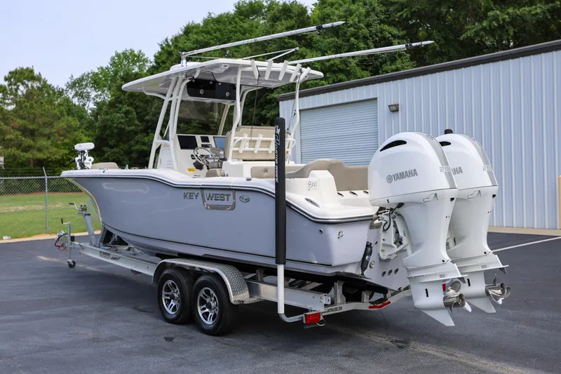  Yacht Photos Pics 2023 Key West 263 FS boat with dual Yamaha engines on a trailer.