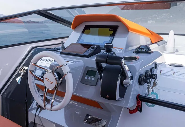  Yacht Photos Pics 2025 Rio Yachts Daytona 35 helm with modern controls and sleek design.