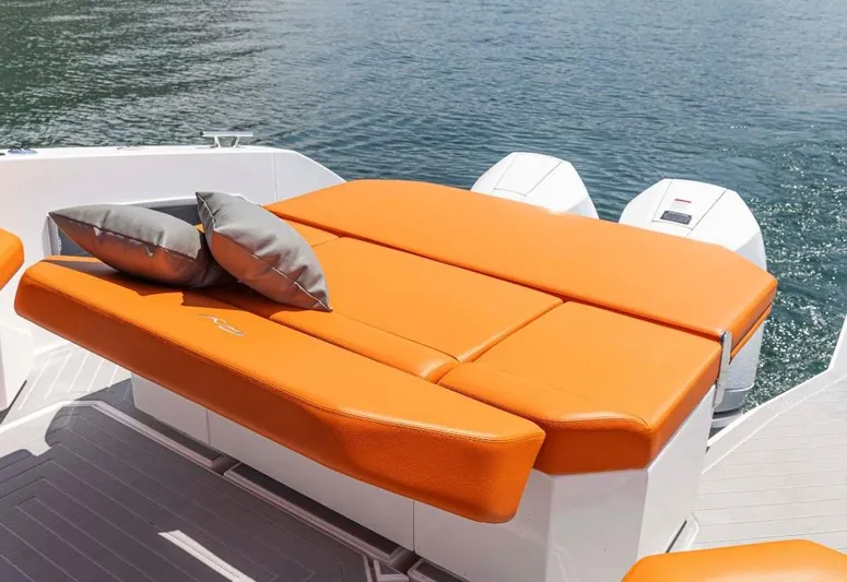  Yacht Photos Pics 2025 Rio Yachts Daytona 35 with orange sunbed and cushions on deck.