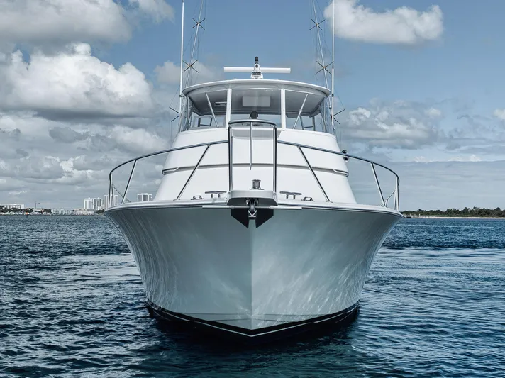 Aegis Yacht Photos Pics Front view of a 2009 Viking 54 Convertible yacht on the water.
