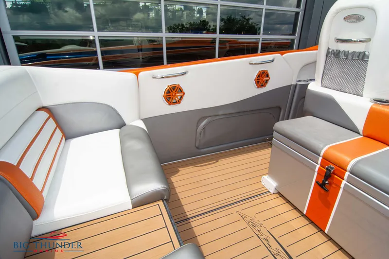  Yacht Photos Pics 2015 Nor-Tech 527 Super Vee boat interior with orange and white seating.