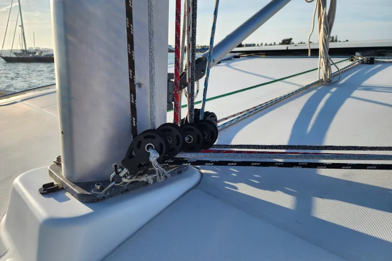 Dao And Out Yacht Photos Pics Close-up of rigging on a 2011 Lagoon 400 sailboat deck.