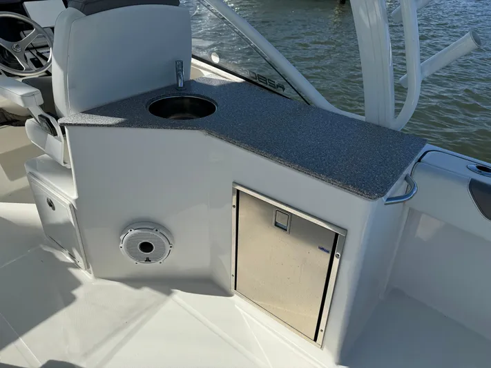 Reel'y Busy Yacht Photos Pics 2020 World Cat 280 DC x boat interior with sink and storage.
