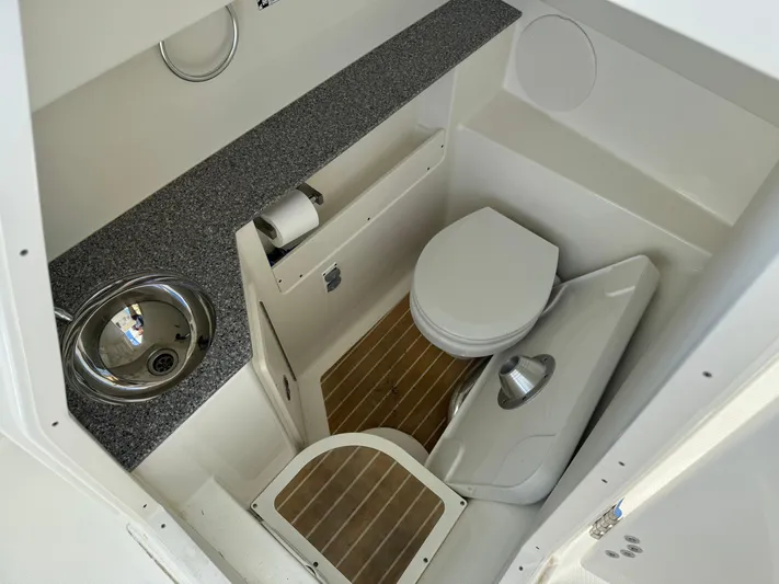 Reel'y Busy Yacht Photos Pics 2020 World Cat 280 DC x boat bathroom with sink and toilet.