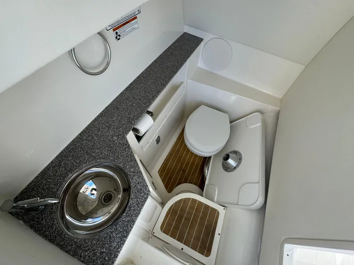 Reel'y Busy Yacht Photos Pics 2020 World Cat 280 DC x boat bathroom with sink and toilet.