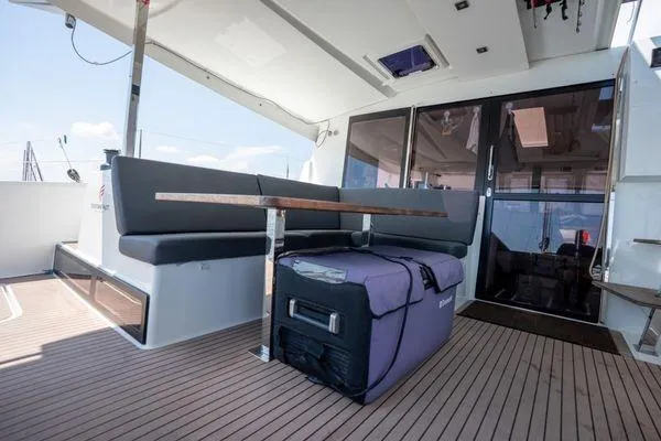 Amihan Yacht Photos Pics 2023 Fountaine Pajot Isla 40 yacht deck with seating and storage.