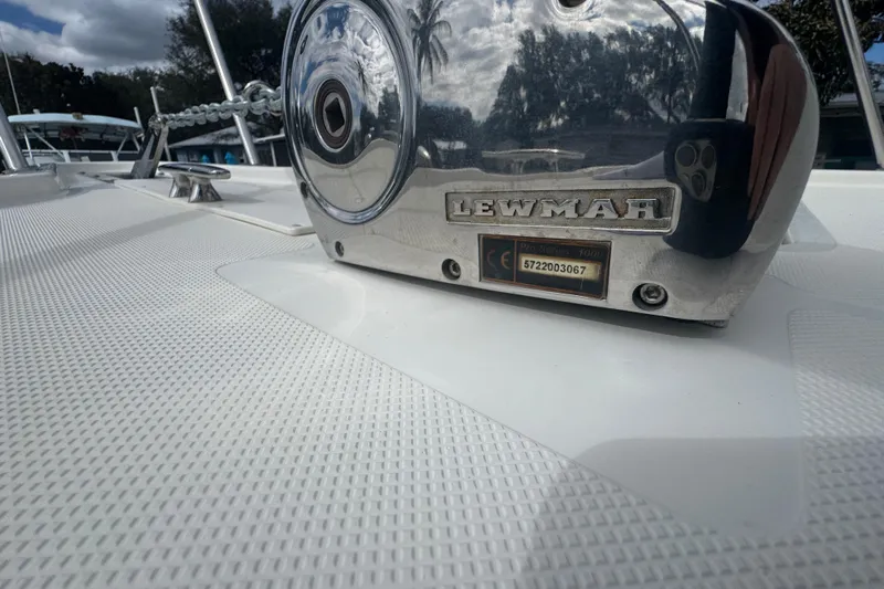  Yacht Photos Pics Close-up of Lewmar equipment on 2014 Pursuit OS 345 Offshore boat deck.