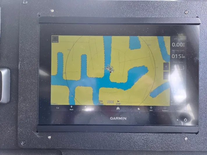 Ecola Yacht Photos Pics Garmin GPS display on 2005 American Tug 34 Pilothouse, showing navigational map.