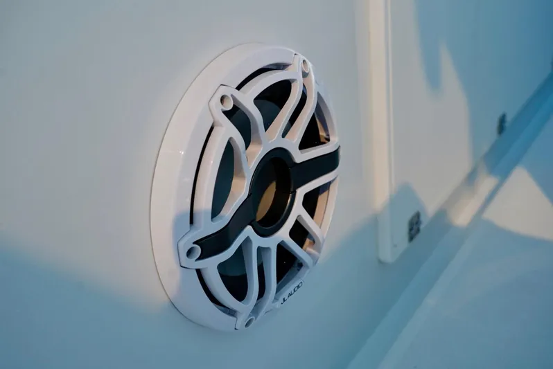  Yacht Photos Pics Speaker on 2023 Yellowfin 42 boat, featuring a sleek white grille design.