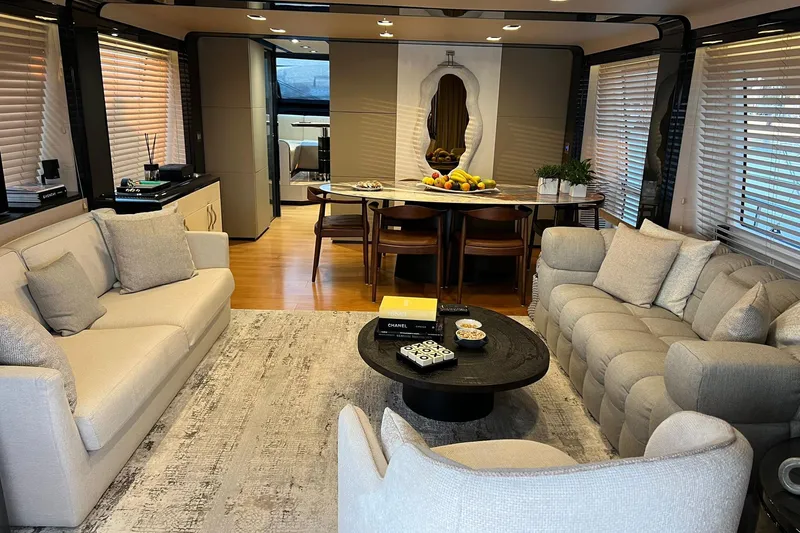  Yacht Photos Pics Luxurious interior of 2015 Azimut 80 yacht with elegant seating and dining area.