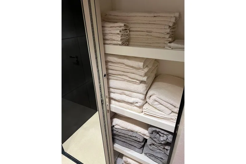  Yacht Photos Pics Stacked towels in a cabinet aboard a 2015 Azimut 80 yacht.