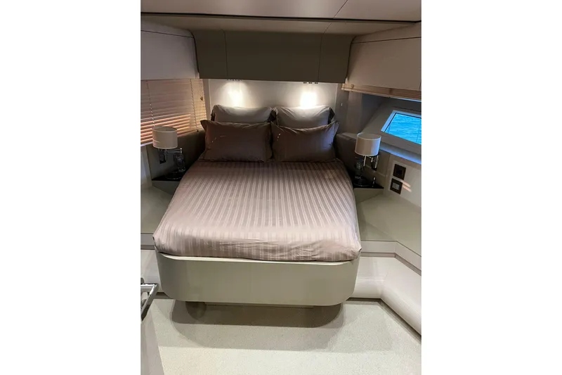  Yacht Photos Pics Luxurious bedroom interior of 2015 Azimut 80 yacht with elegant bedding and modern design.