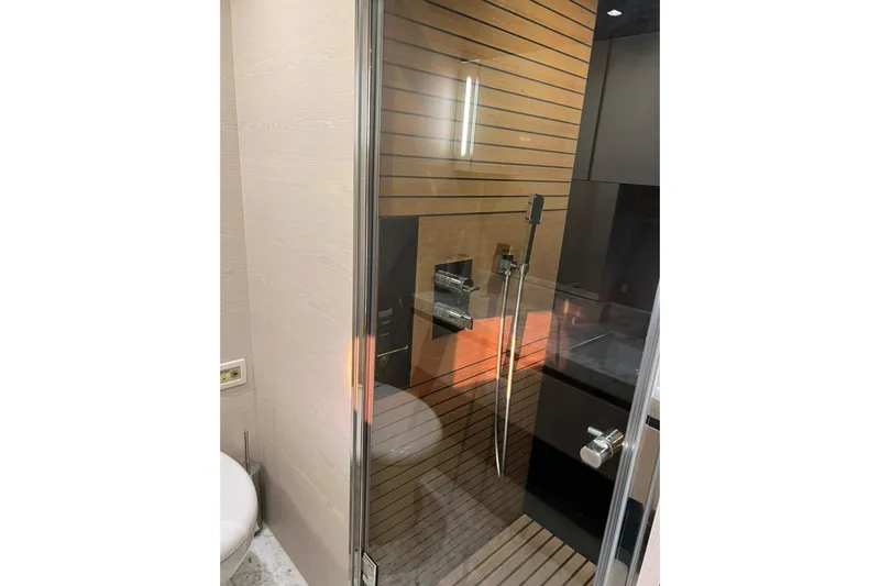  Yacht Photos Pics Luxurious bathroom in 2015 Azimut 80 yacht with modern shower design.