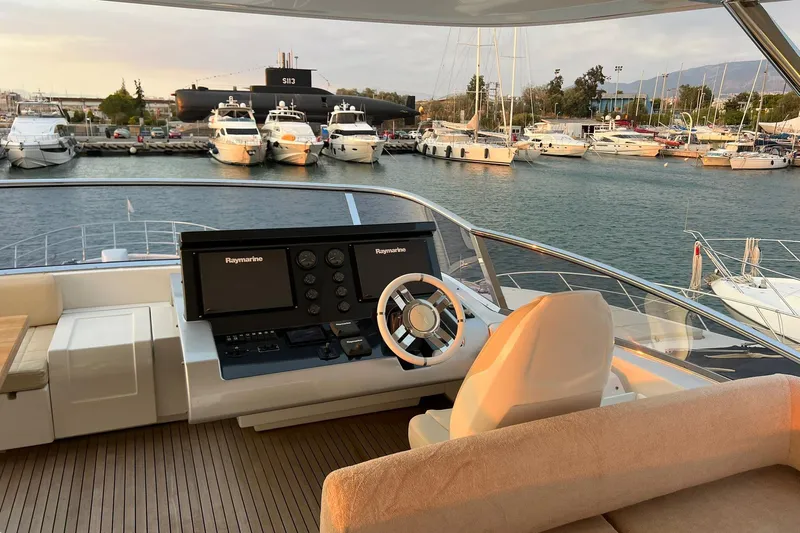  Yacht Photos Pics Luxury Azimut 80 yacht helm with marina view, 2015 model.
