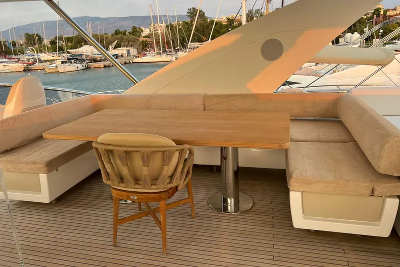  Yacht Photos Pics Luxury seating area on 2015 Azimut 80 yacht with marina view.