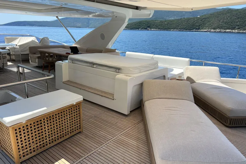 Yacht Photos Pics Luxurious 2015 Azimut 80 yacht deck with elegant seating and ocean view.