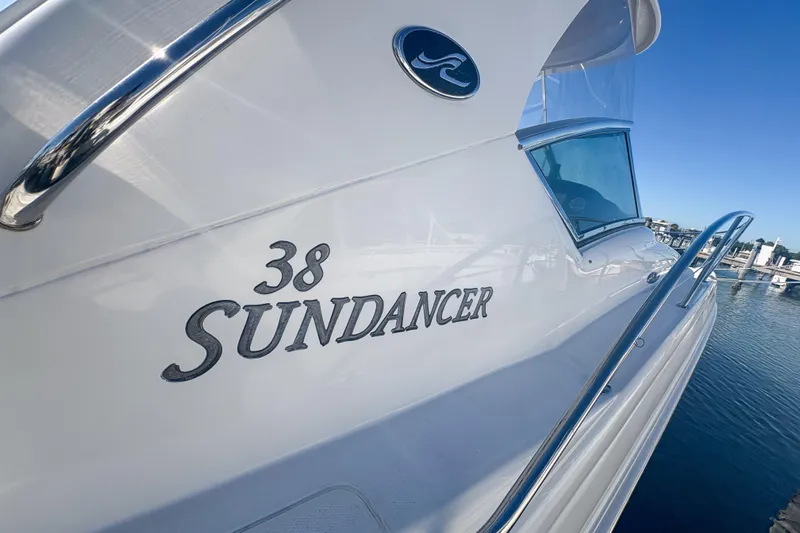 Luna Yacht Photos Pics 2008 Sea Ray 380 Sundancer yacht docked, showcasing sleek design and branding.