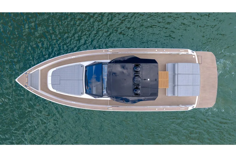  Yacht Photos Pics Top view of 2024 Pardo Yachts 43 on water, showcasing sleek design and spacious deck.