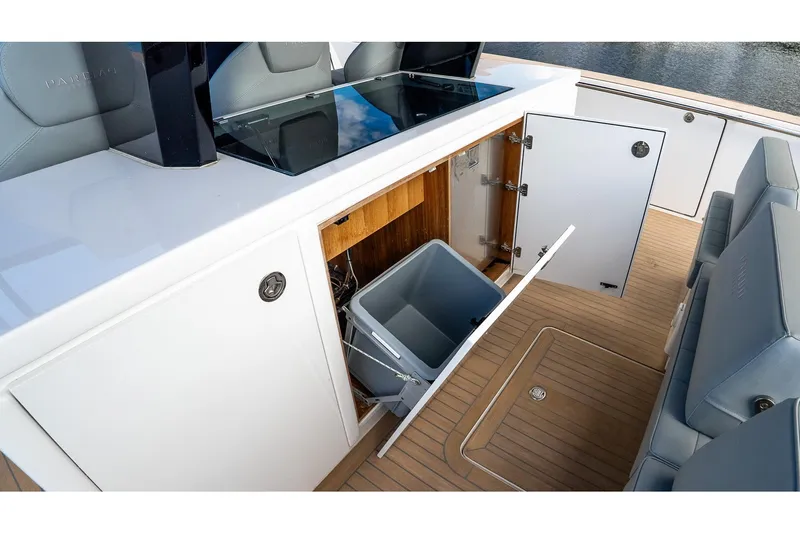  Yacht Photos Pics 2024 Pardo Yachts 43 interior with open storage and seating on deck.