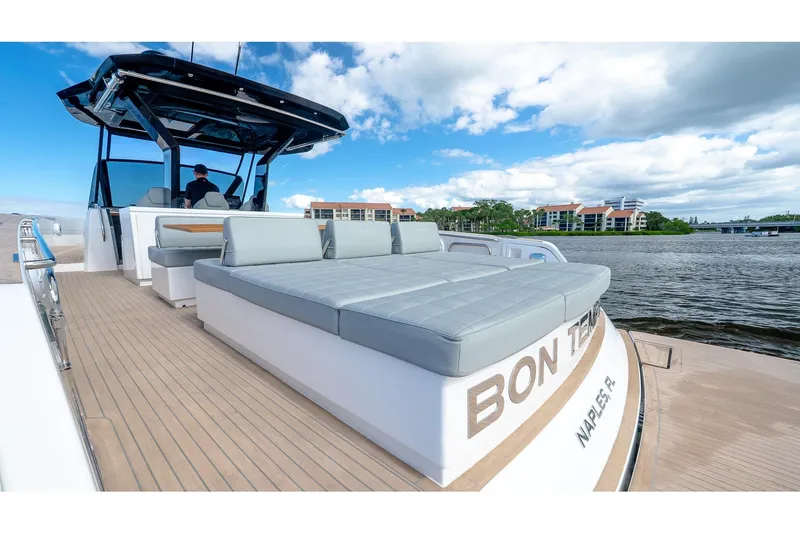  Yacht Photos Pics 2024 Pardo Yachts 43 on water, featuring spacious deck and luxurious seating.