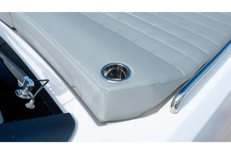  Yacht Photos Pics Luxurious seating area on 2024 Pardo Yachts 43 with cup holder and railing.