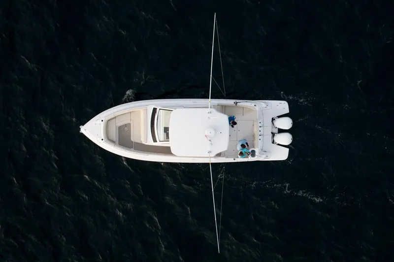  Yacht Photos Pics Manufacturer Provided Image: Aerial view of a 2019 Regal 33 SAV boat on dark water.
