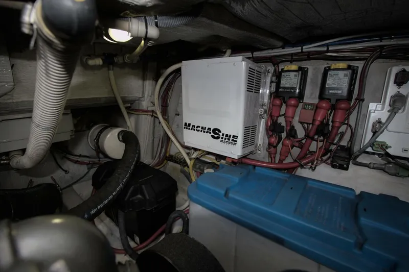 Flight Level Zero Yacht Photos Pics Engine room of 2013 Sabre 38 Salon Express with electrical components and wiring.