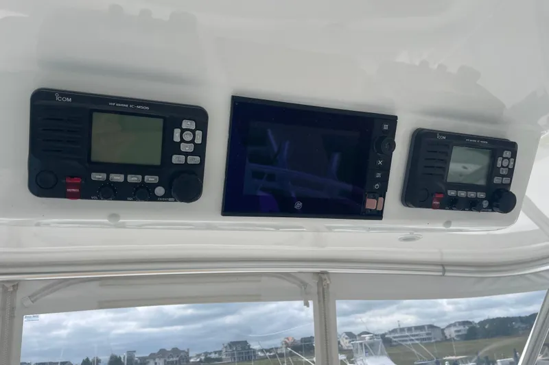 Lady Faye Yacht Photos Pics 2018 Viking 37 Billfish cockpit with marine electronics and navigation displays.