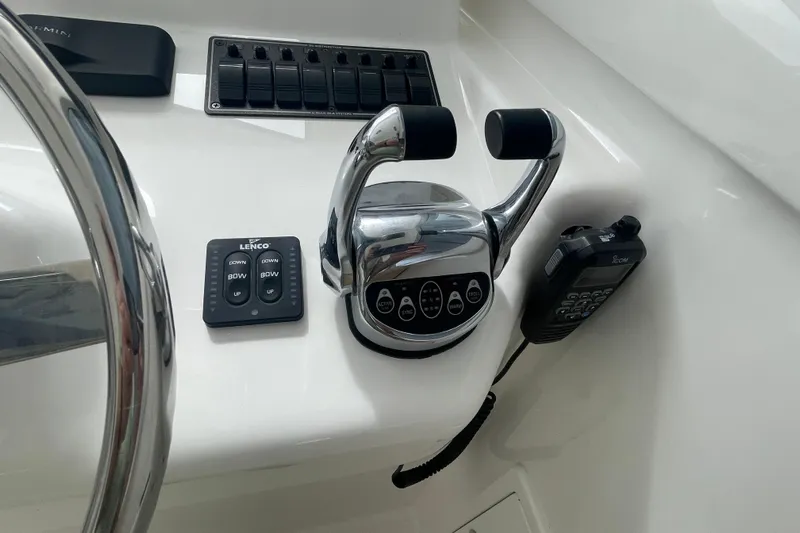 Lady Faye Yacht Photos Pics Control panel of 2018 Viking 37 Billfish boat with throttle and communication device.