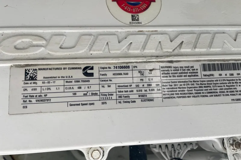 Lady Faye Yacht Photos Pics Engine label on a 2018 Viking 37 Billfish, manufactured by Cummins.