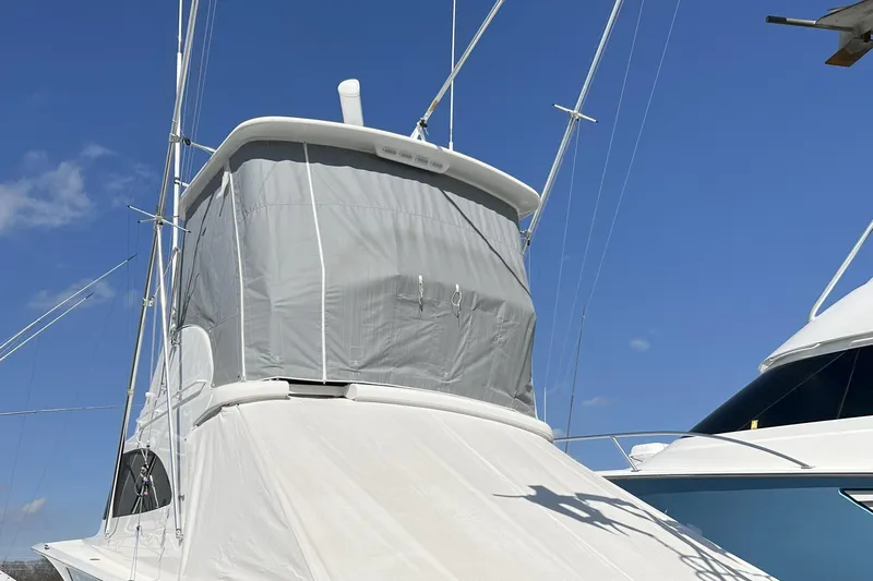 Lady Faye Yacht Photos Pics 2018 Viking 37 Billfish yacht with covered flybridge against clear blue sky.