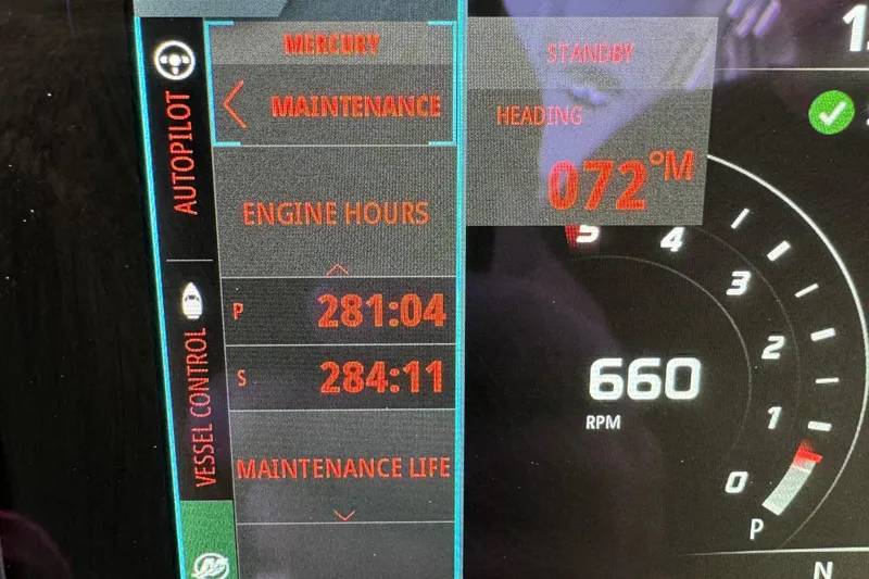  Yacht Photos Pics Dashboard display of a 2020 Formula 370 SS showing engine hours and RPM.