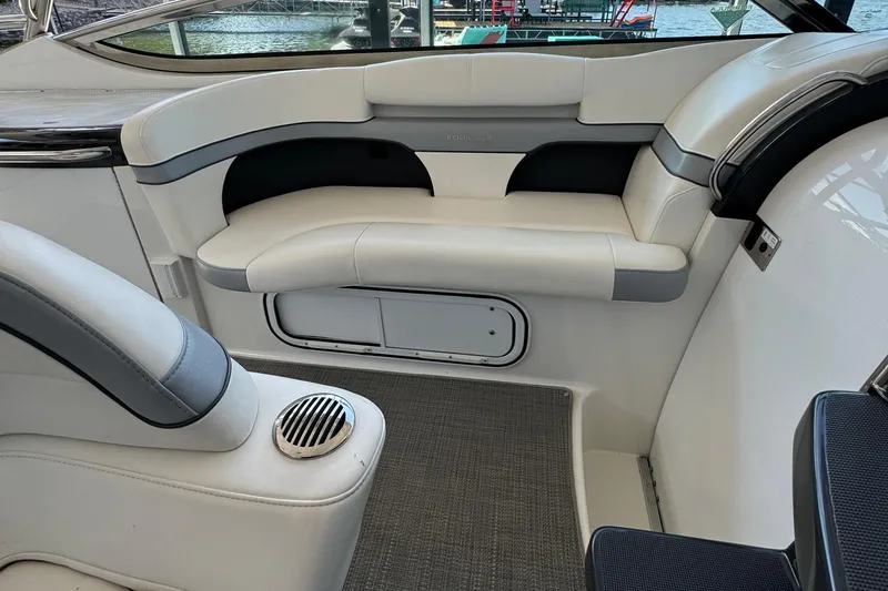  Yacht Photos Pics 2020 Formula 370 SS boat interior with white seating and gray accents.