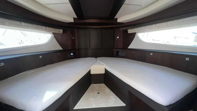  Yacht Photos Pics 2024 Galeon 410 HTC yacht interior with twin beds and modern design.