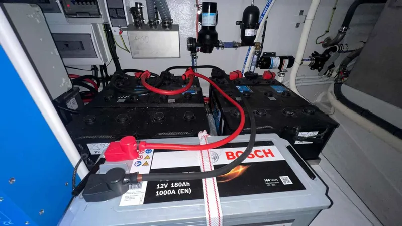  Yacht Photos Pics Battery compartment of 2024 Galeon 410 HTC yacht, featuring Bosch 12V 180Ah batteries.