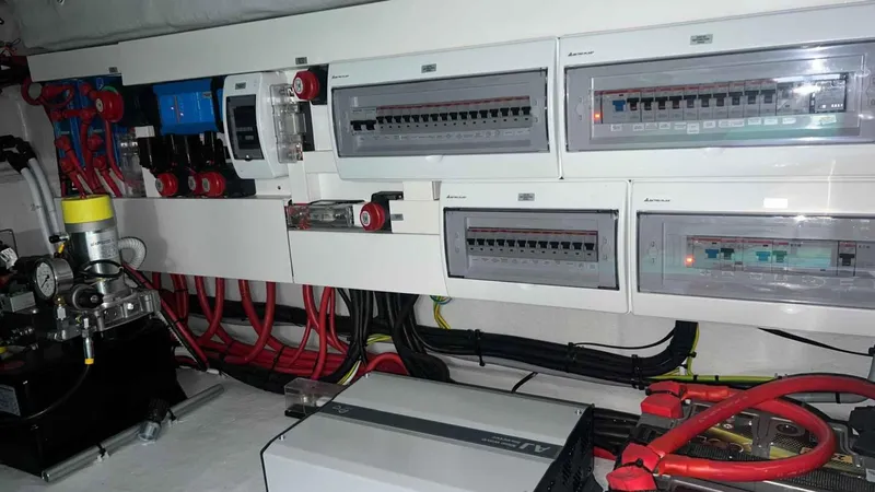  Yacht Photos Pics Electrical panel and wiring inside 2024 Galeon 410 HTC yacht engine room.