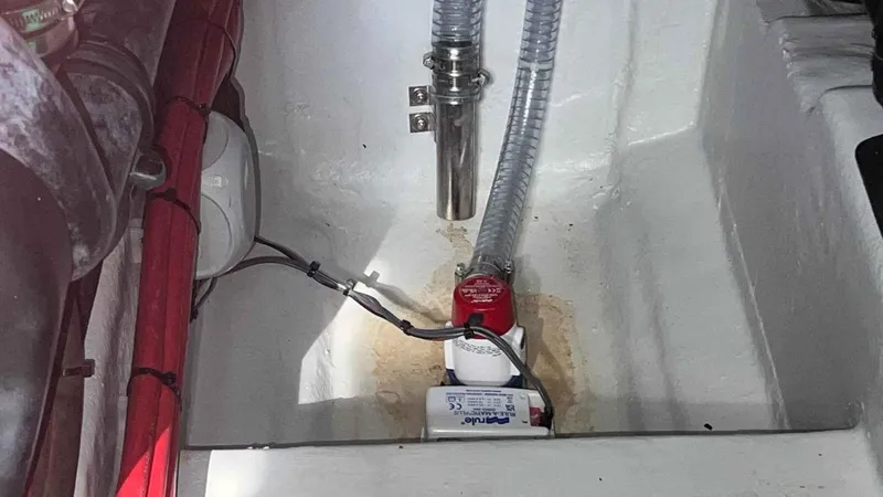  Yacht Photos Pics Bilge area of 2024 Galeon 410 HTC yacht with pump and wiring.