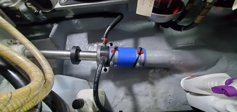 Callie B Yacht Photos Pics Engine room of 2001 Sea Ray 400 Sedan Bridge with visible shaft and components.