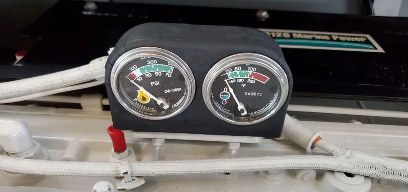 Callie B Yacht Photos Pics Engine gauges on a 2001 Sea Ray 400 Sedan Bridge boat.