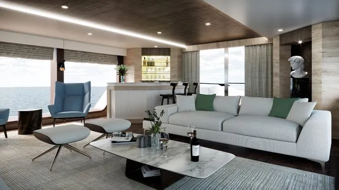 Kando 90 Explorer Superyacht Yacht Photos Pics Luxurious interior of the 2025 AvA Yachts Kando 90 Explorer Superyacht with modern furnishings.