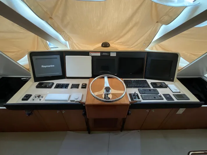 Temptation Yacht Photos Pics Helm of 2008 Hatteras 77 Convertible yacht with advanced navigation equipment.