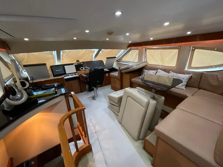 Temptation Yacht Photos Pics Luxurious interior of 2008 Hatteras 77 Convertible yacht with modern seating and navigation area.