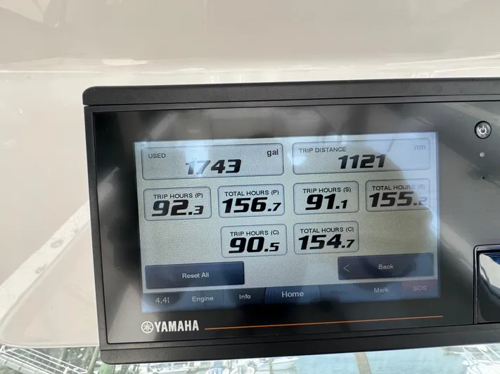  Yacht Photos Pics Yamaha display showing fuel usage and trip data on a 2022 Pursuit S 378 Sport boat.