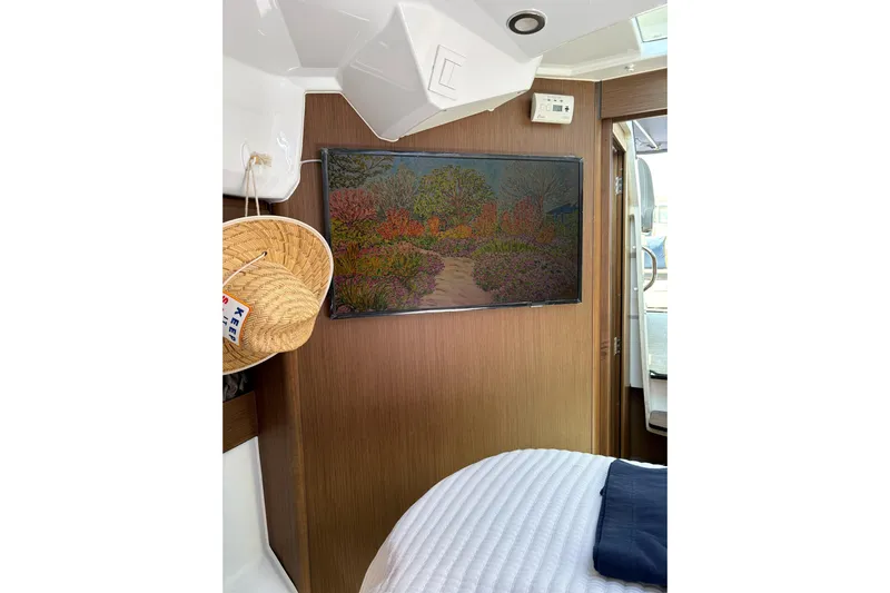  Yacht Photos Pics Interior of 2020 Jeanneau NC 895 with wall art and straw hat.