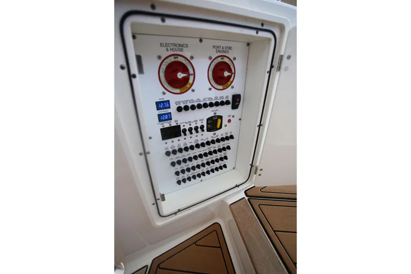  Yacht Photos Pics Electrical control panel on 2021 Pursuit OS 325 Offshore boat.