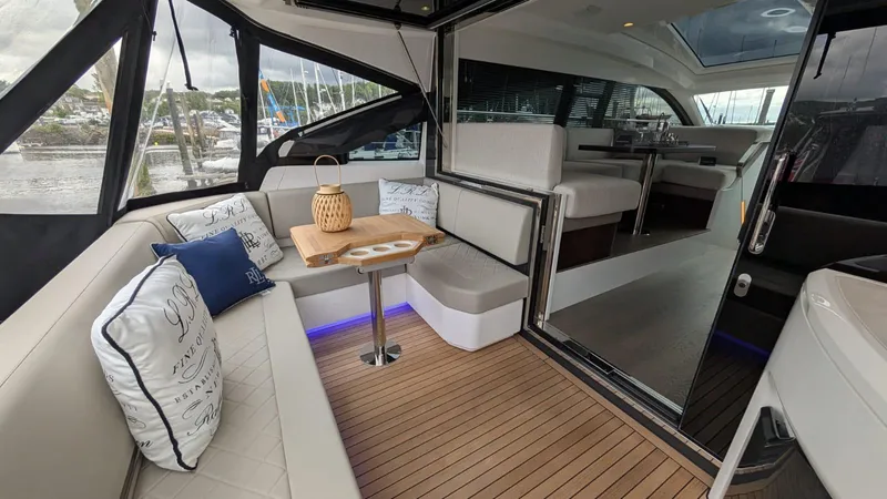 In Stock Yacht Photos Pics Luxurious interior of 2025 Fairline Targa 45 GT yacht with elegant seating and decor.