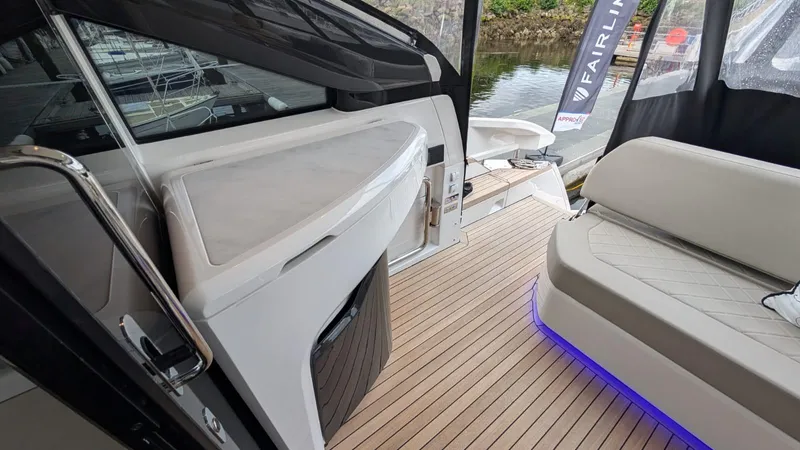 In Stock Yacht Photos Pics 2025 Fairline Targa 45 GT yacht interior with sleek seating and modern design.