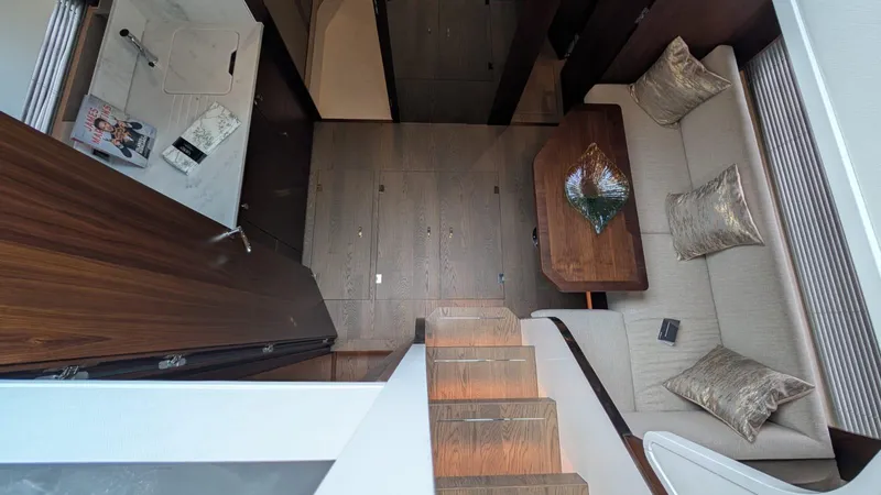 In Stock Yacht Photos Pics Interior of 2025 Fairline Targa 45 GT yacht, featuring elegant seating and modern design.
